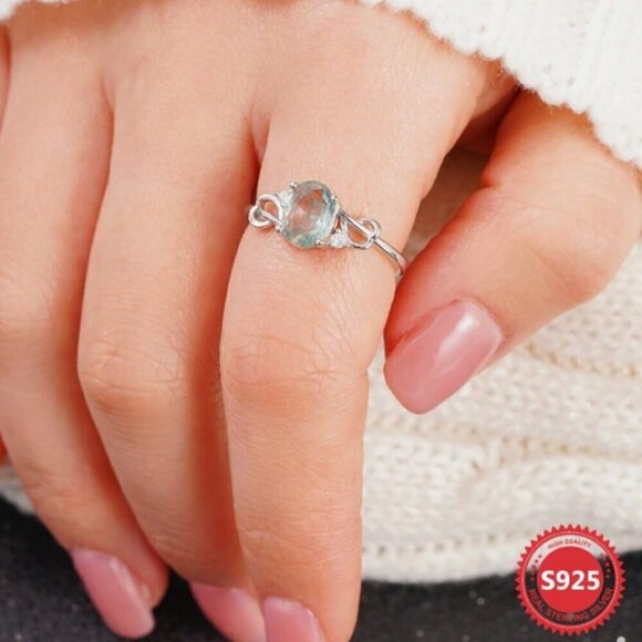 Moss Agate Oval Cut 925 Silver Ring with Zircons - Picture 2 of 10